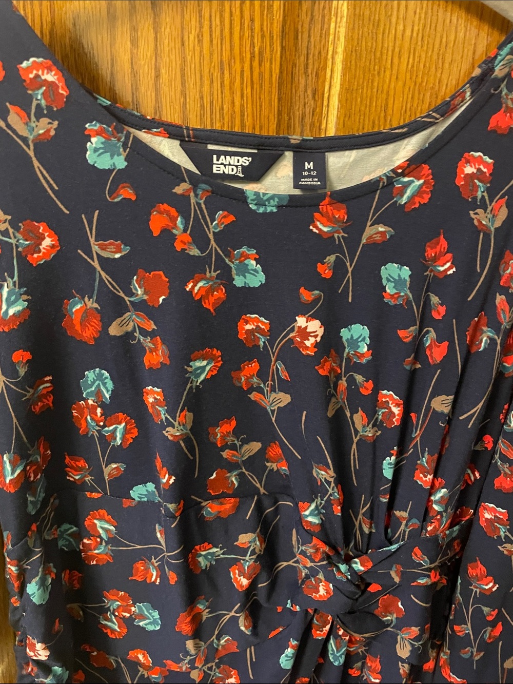 Lands' End Navy Floral Twist-Front Midi Dress with Red and Teal Flowers